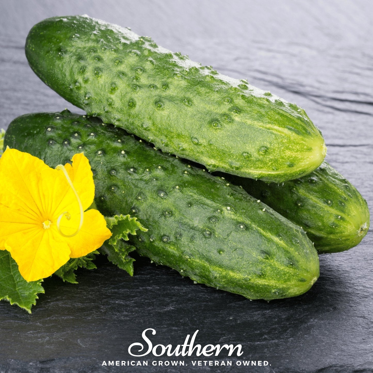 Three green cucumbers with a yellow flower on a dark surface, featuring the 'Southern' brand.