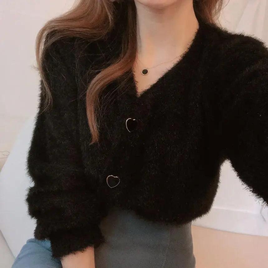 Cute Kitty Chic Fashionable V-Neck Single Breasted Mink Short Knitted Sweaters Outerwear For Women Autumn Long Sleeve Sweater Coat