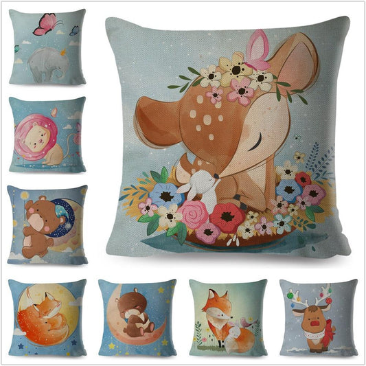 Cute Pillow Cover Cartoon Giraffe Fox Reindeer Animal Nordic Polyester Cotton Cushion Cover For Sofa Home Kids Room Decor Throw Pillow Cases Cartoon Animal Woodland Decorative Cotton Cushion Cover Home Baby Room Decor Standard Pillowcase
