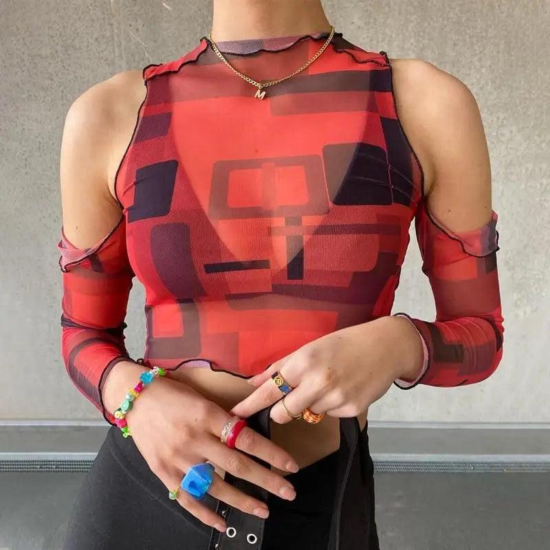 Cute women off shoulder Print Mesh long sleeve see through t - Shirt crop top Streetwear cute summer tops