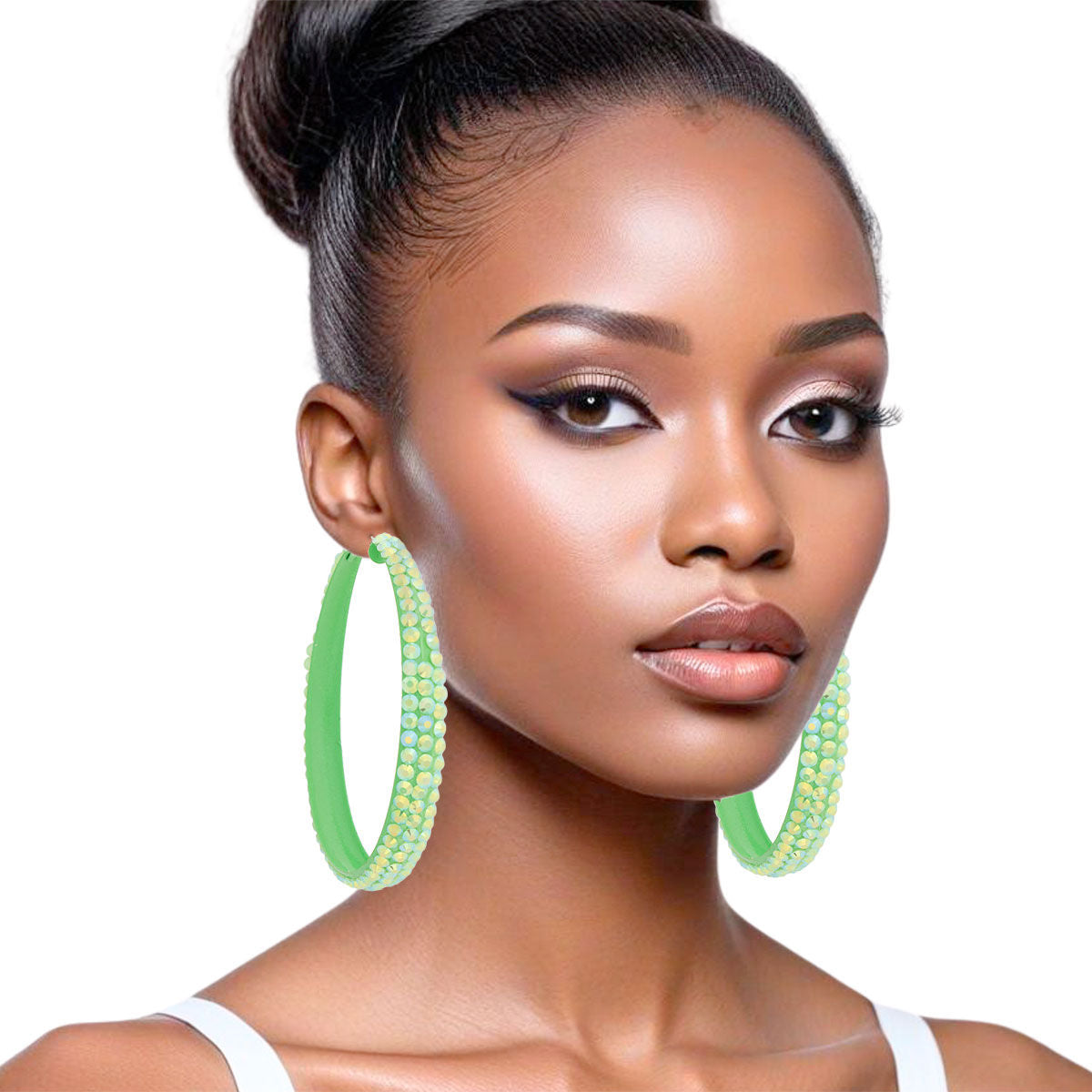 Hoops Lime Green Metal Bling 3 inch Earrings Women