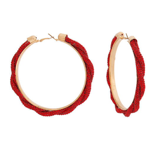 Hoops Red Rhinestone Twisted Tube Gold Earrings