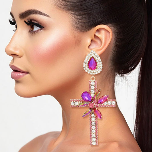 Drop Long Formal Purple Crystal Cross Earrings