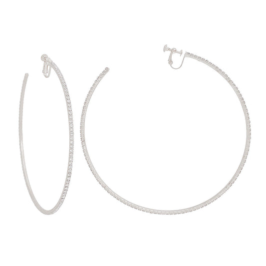 Clip On Large Silver Pave C Hoops for Women