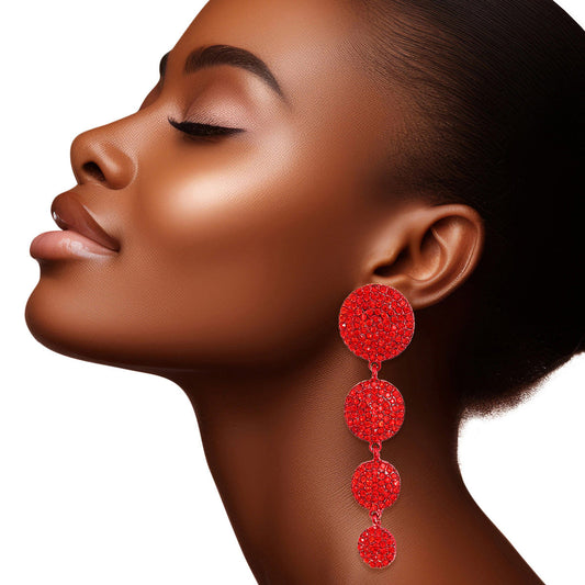 Clip On Red Pave Disc Drop Earrings for Women