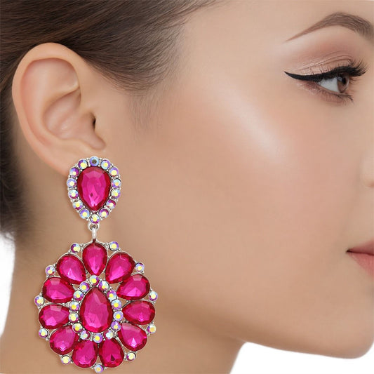 Clip On Brilliant Fuchsia Teardrop Crystal Earrings