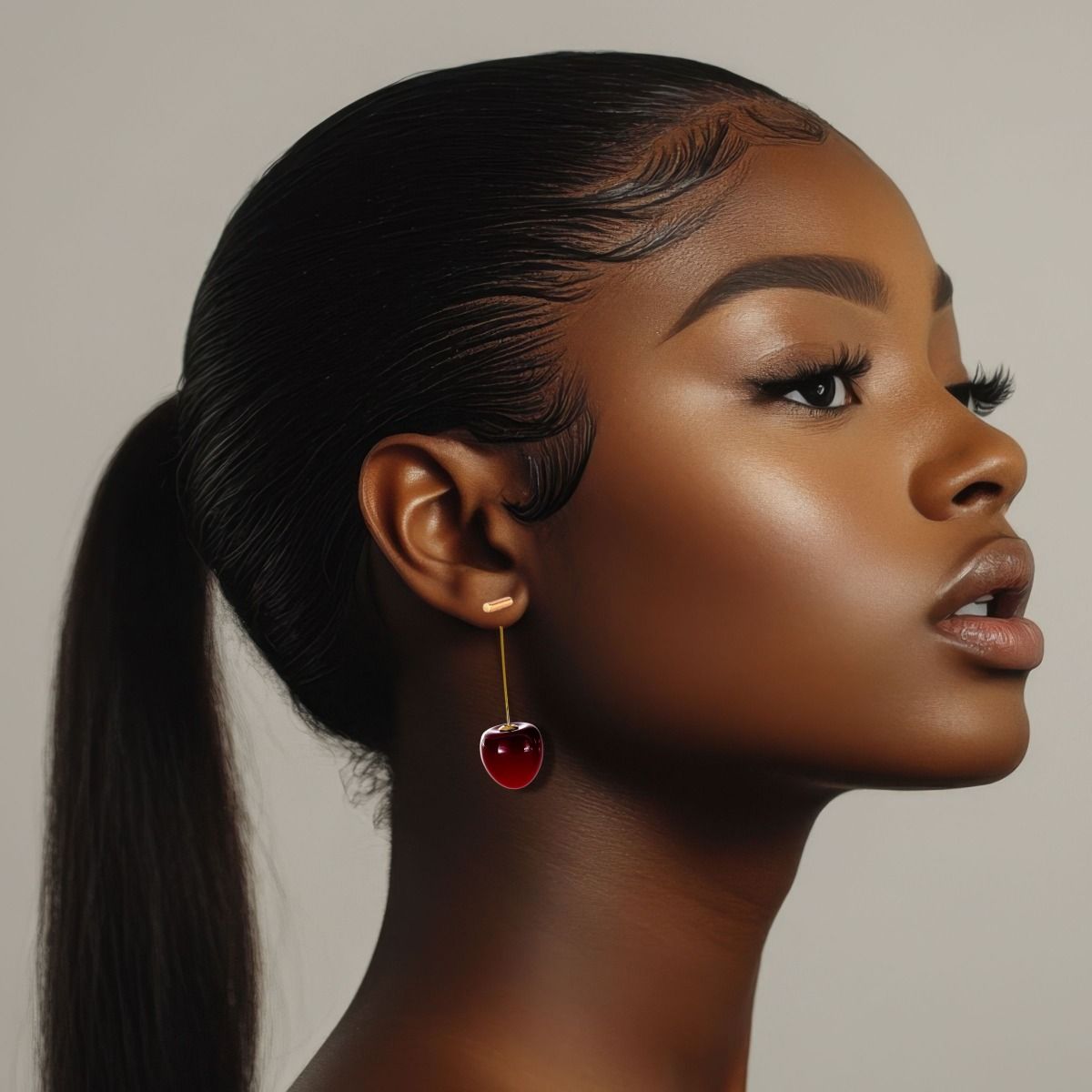 Cherry Drop Deep Red Gold Stem Earrings Women