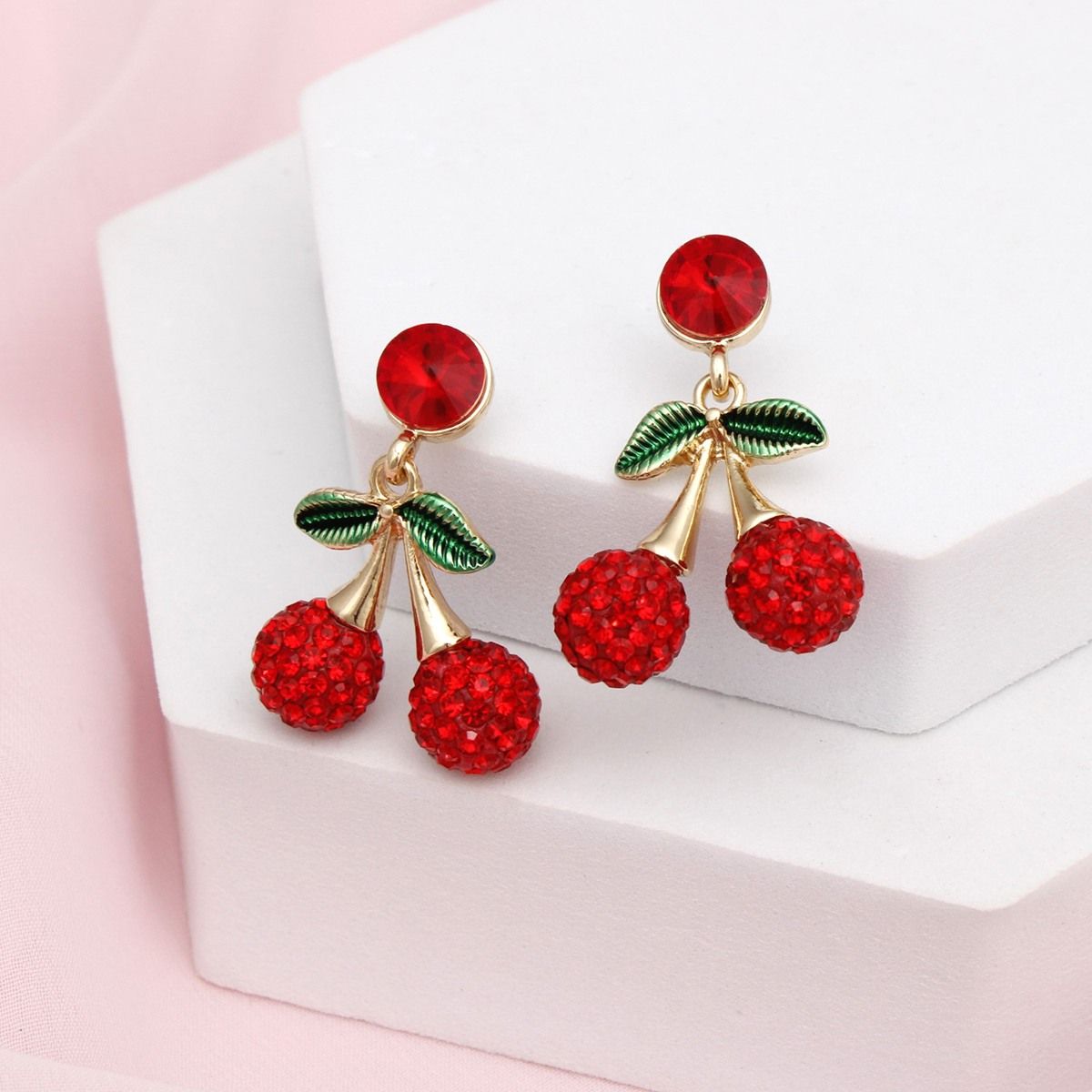 Drop Double Red Cherry Kissed Sparkle Earrings