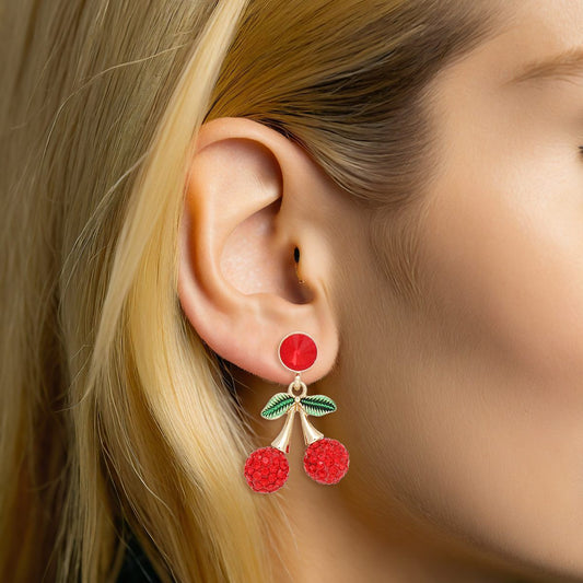 Drop Double Red Cherry Kissed Sparkle Earrings