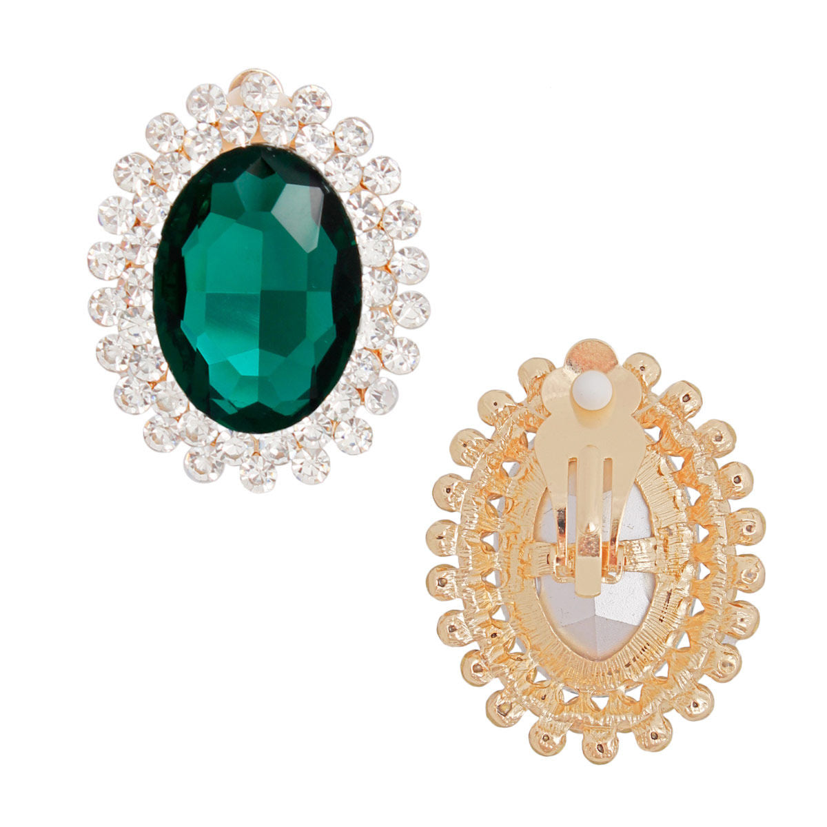 Clip On Medium Green Oval Halo Earrings for Women