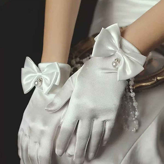 White Satin Bow and Pearl Formal Gloves for Women