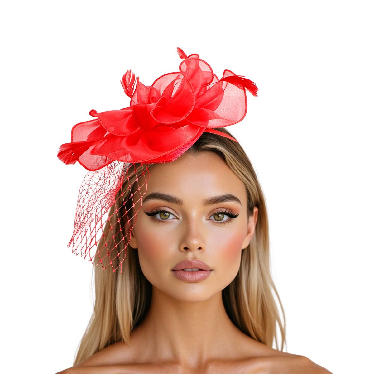 DST Red Flower Net Derby Tilt Feather Fascinator