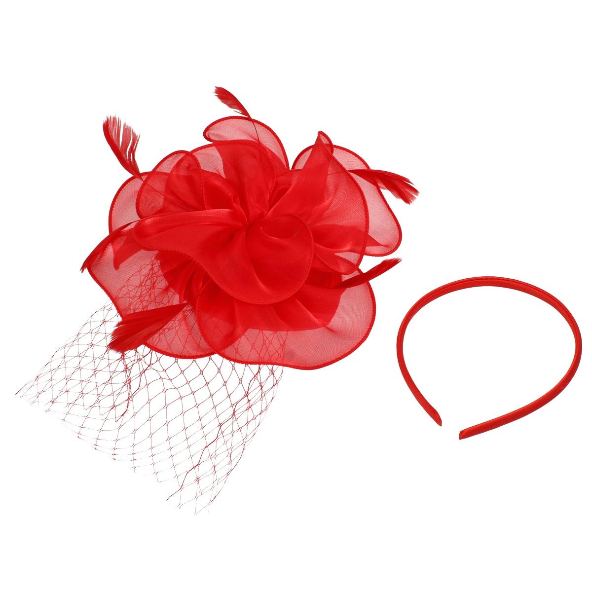 DST Red Flower Net Derby Tilt Feather Fascinator