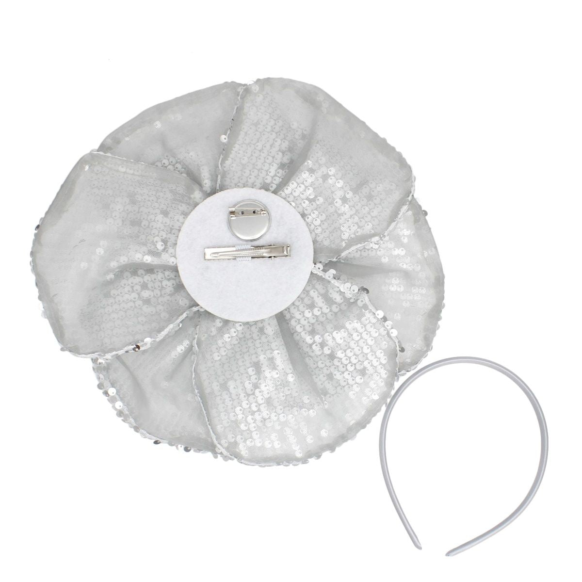 XL Flower Silver Sequin Hair Clip Headband Brooch
