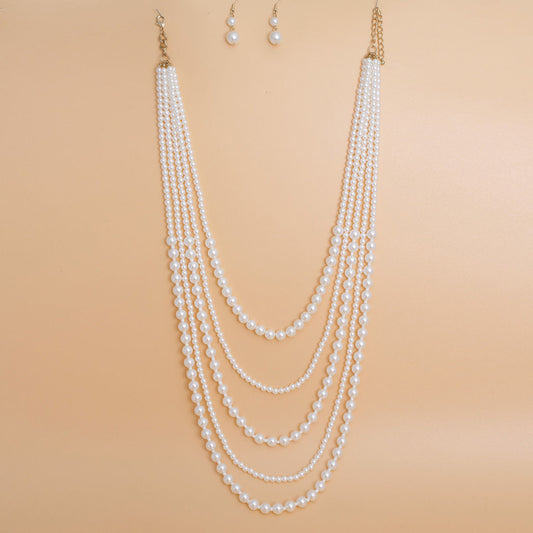 Pearl Necklace Cream 5 Strand Long Set for Women