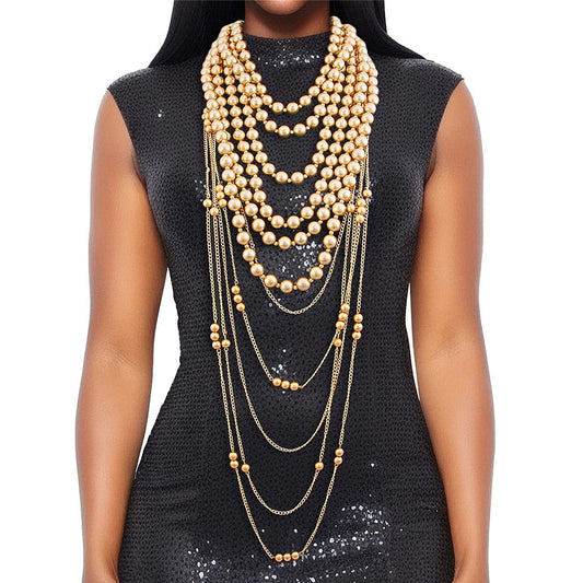 Gold Pearl and Back Drape Necklace Set