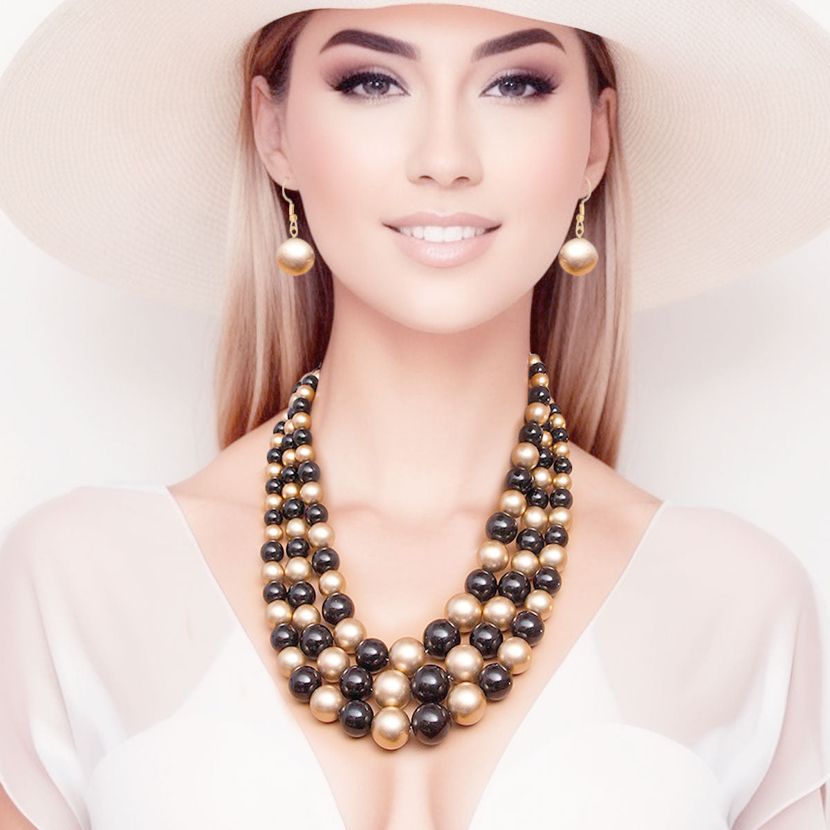 Black and Gold Pearl 3 Strand Necklace Set