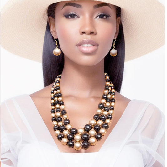 Black and Gold Pearl 3 Strand Necklace Set
