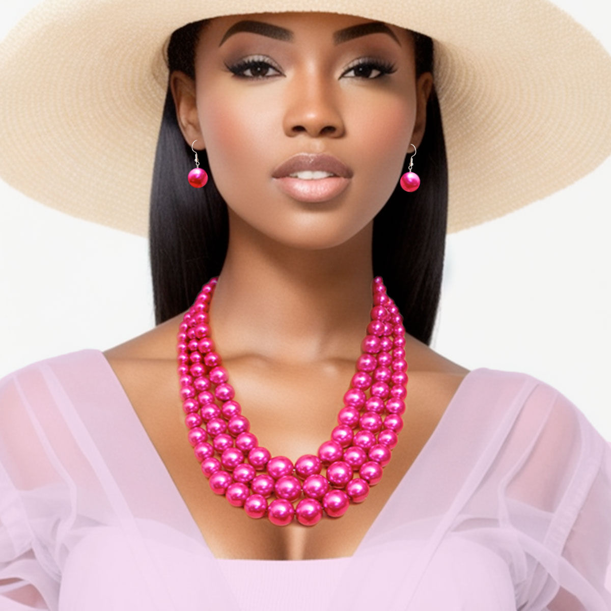 Fuschia Multi Strand Pearl Necklace Set