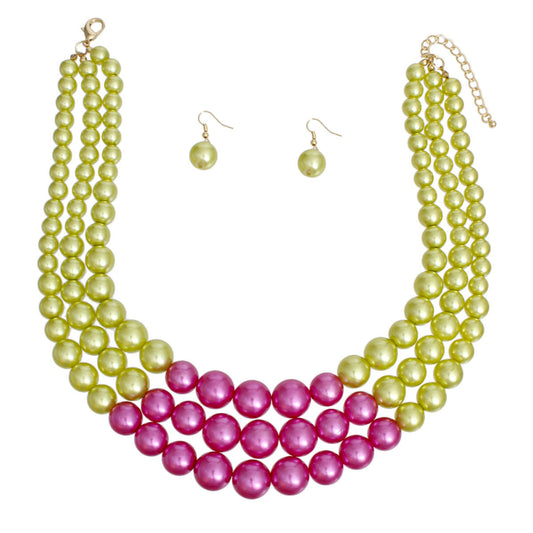 AKA Pearl Necklace Lime Pink 3 Layer Set