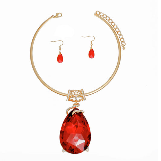 Choker Red Teardrop Pendant Gold Set for Women