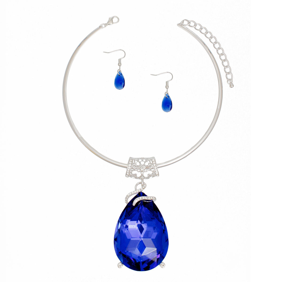 Choker Royal Blue Teardrop Pendant Silver Women