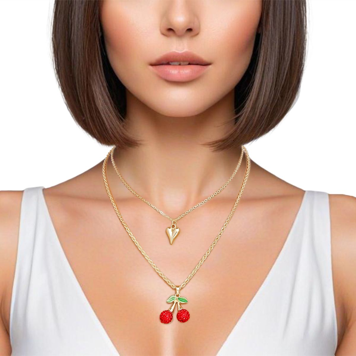 Pendant Cherry Red Double Layer Chain Necklace