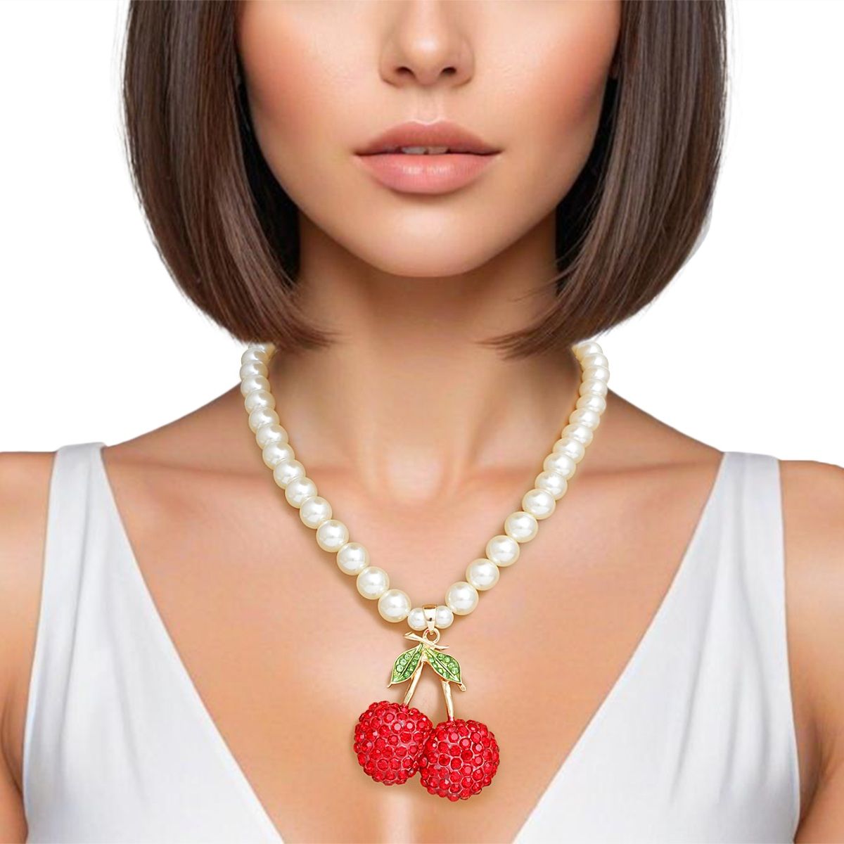 Pendant Cream Pearl Chunky Cherry Red Necklace