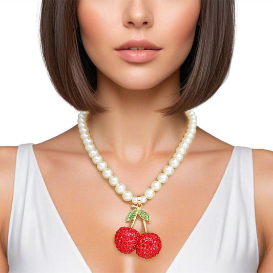 Pendant Cream Pearl Chunky Cherry Red Necklace