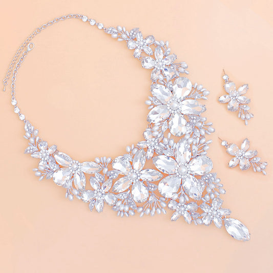 Crystal Necklace Silver Flower Bib for Women