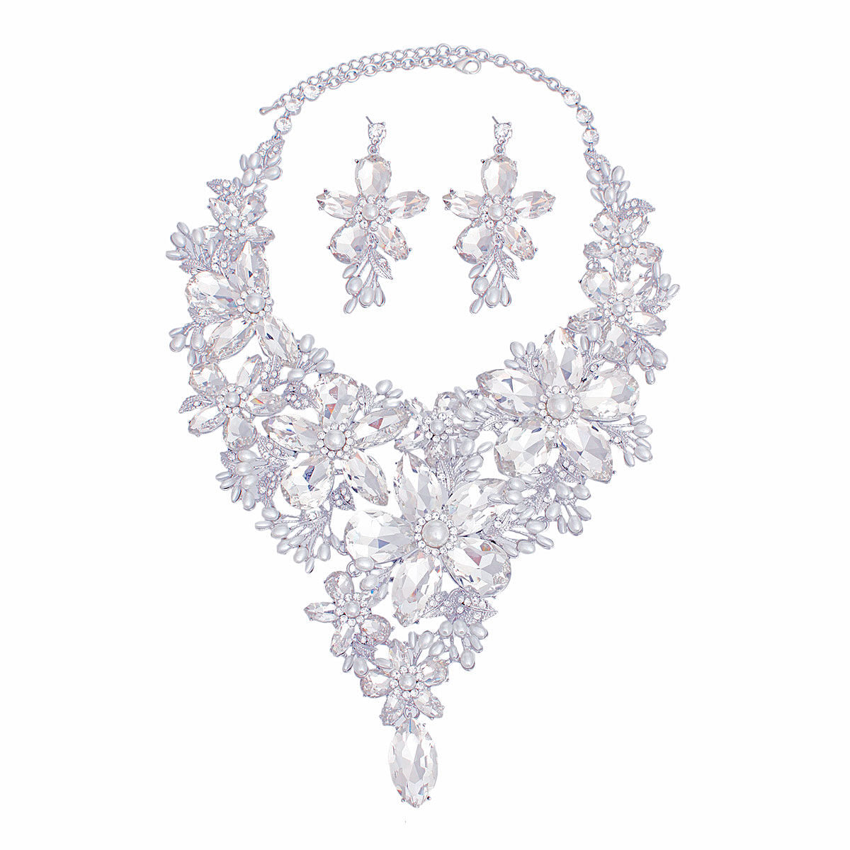 Crystal Necklace Silver Flower Bib for Women