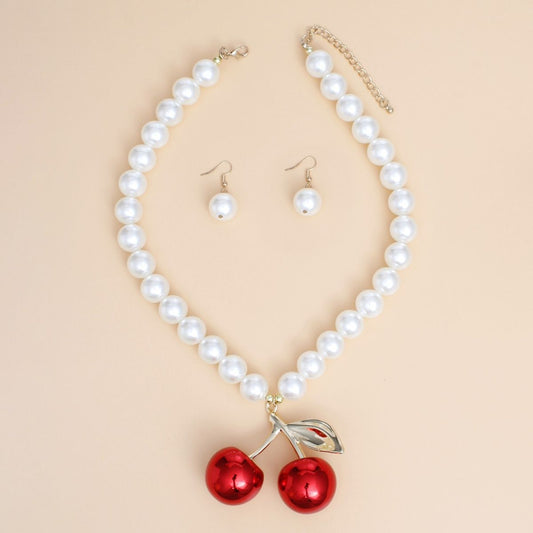 Pearl Necklace Cream Cherry Drop Pendant Necklace