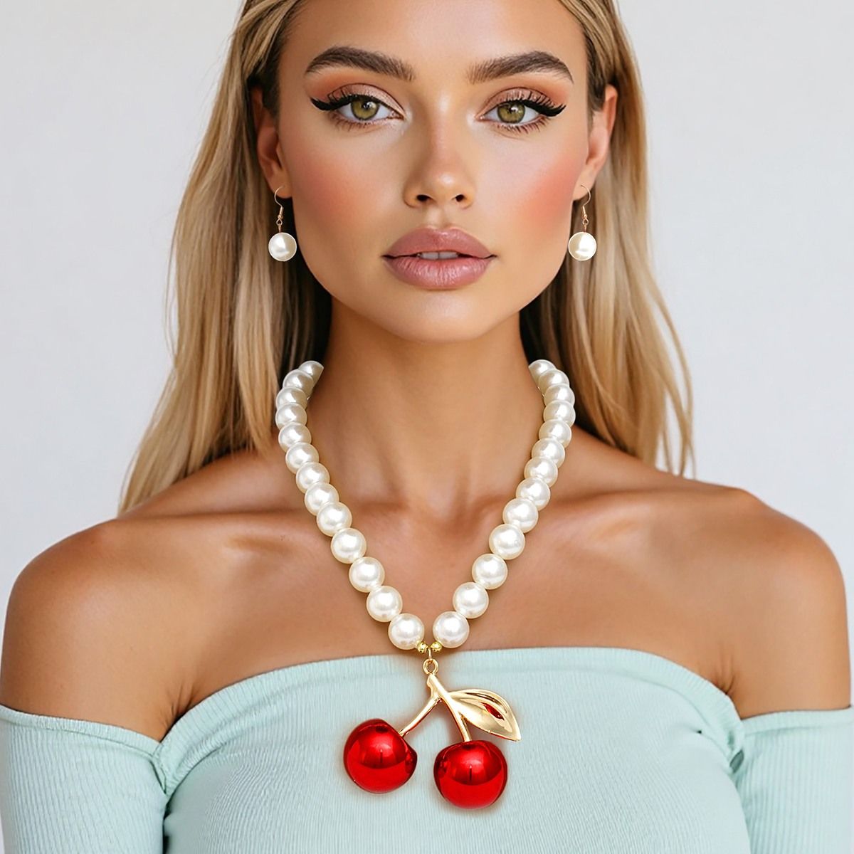 Pearl Necklace Cream Cherry Drop Pendant Necklace