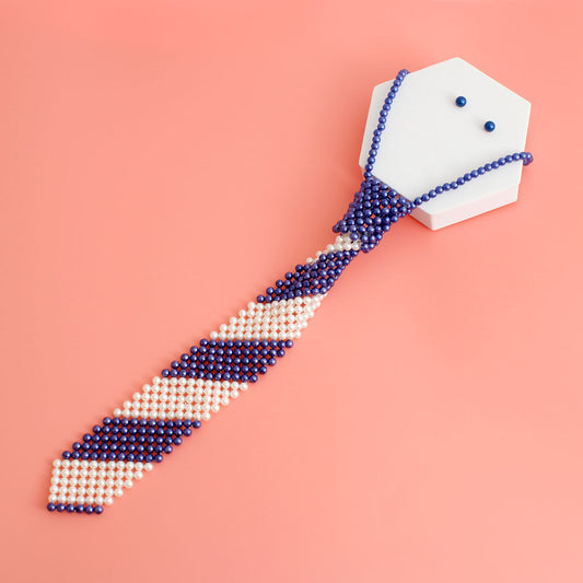 Blue White Pearl Stripe Tie Choker