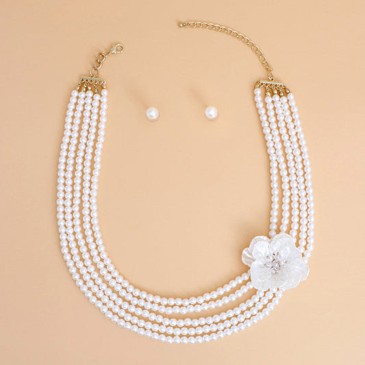 Pearl Necklace Cream 5 Strand Flower Set for Women