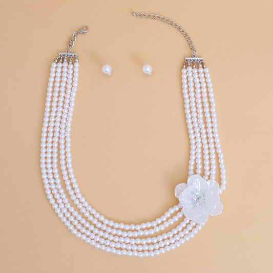 Pearl Necklace White 5 Strand Flower Set for Women