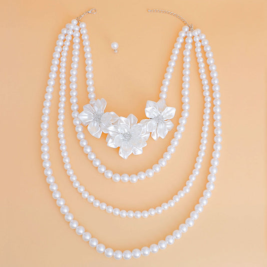 Pearl Necklace White Flower 4 Strand Set for Women