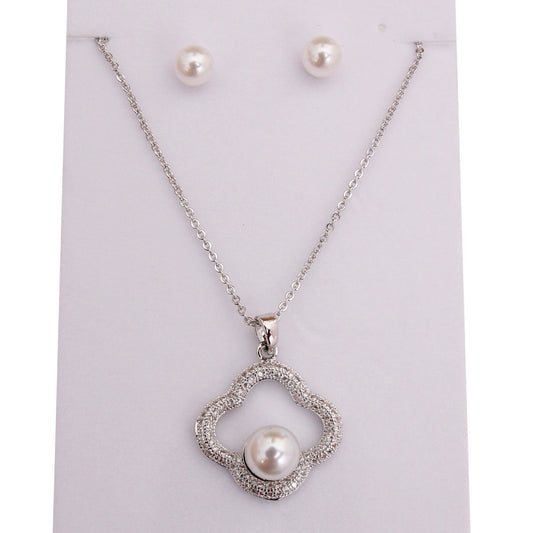 White Gold Plated Pearl CZ Necklace