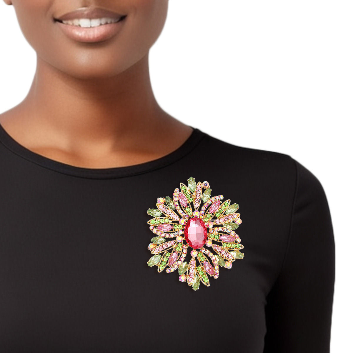 AKA Pink Green Marquise Crystal XL Brooch Women