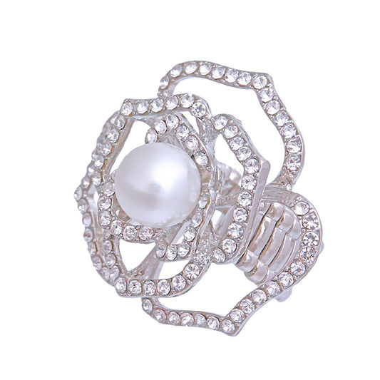 Silver Cut Out Camellia Flower Pearl Ring