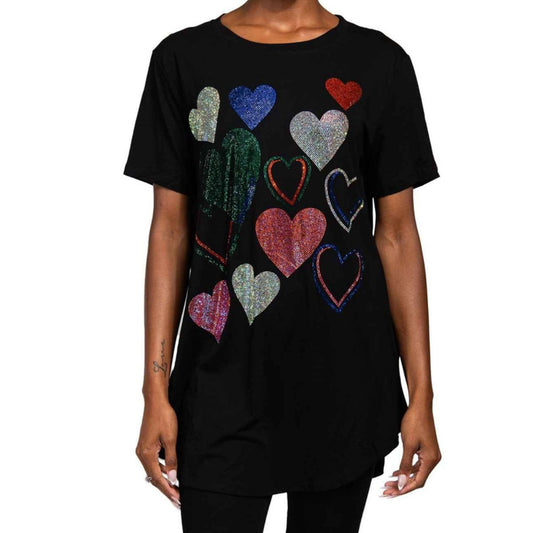 Short Sleeve T-Shirt Black Bling Hearts for Women