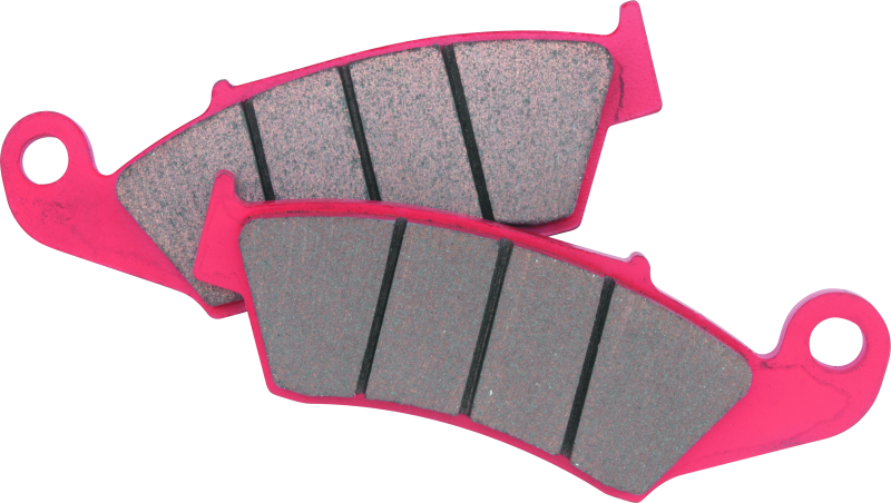 Two pink brake pads with gray material on a white background