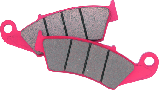 Two pink brake pads with gray material on a white background