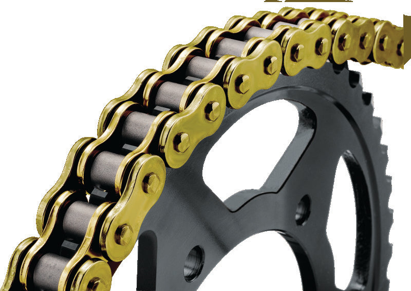 Close-up of a motorcycle chain and sprocket on a white background