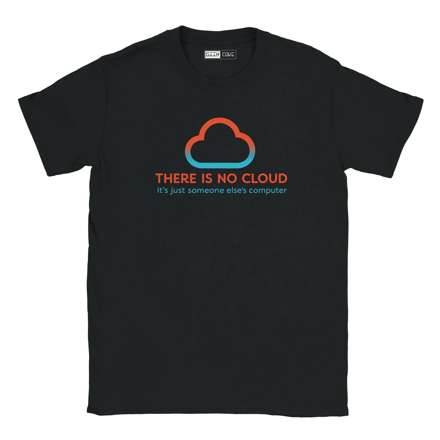 Black t-shirt with colorful cloud graphic and text on a white background