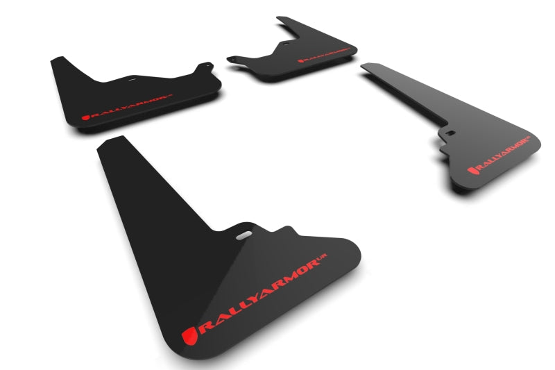 Set of black mud flaps with red branding on a white background
