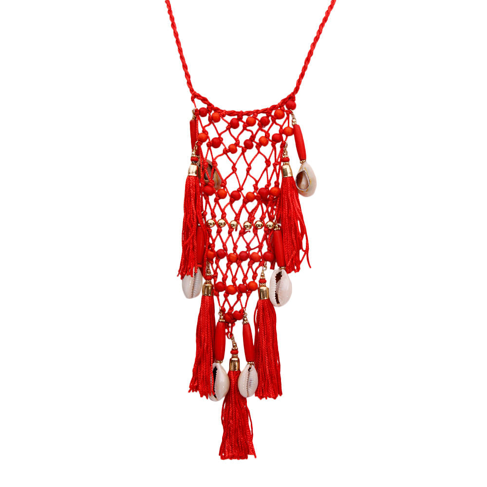 Red Cowrie Shell Tassel Long Necklace