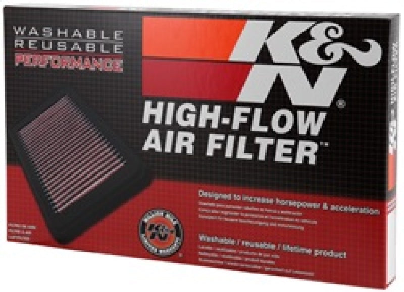 K&N high-flow air filter packaging with text and logo on a black background