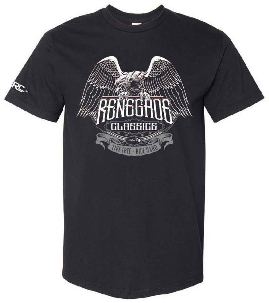 Black crew neck t-shirt with a front print of an eagle and the text 'RENEGADE CLASSICS'.