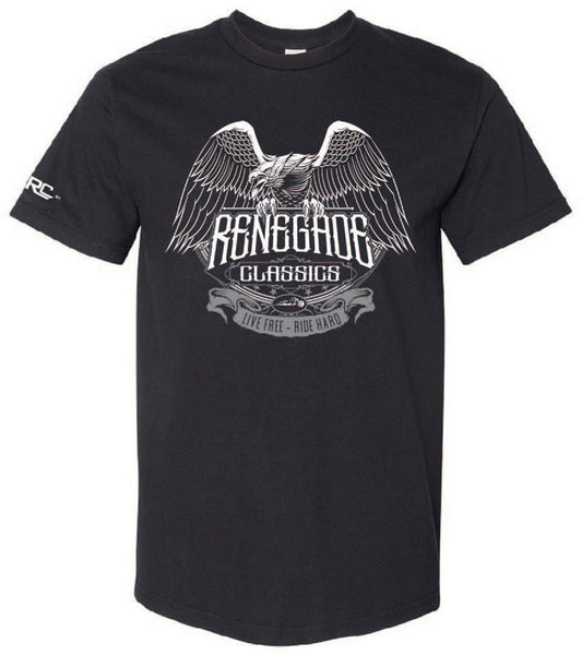 Black crew neck t-shirt with a front print of an eagle and the text 'RENEGADE CLASSICS'.